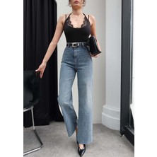 Esra Helvacı Kadın Yüksek Bel Kemerli Wide Leg Jean Denim Düz 42 Beden