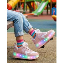 Mocno Kız Çocuk Patenli Işıklı Rahat Spor Ayakkabı & Yeni Model Tarz Patenli Kaykay Tekerlekli Sneakers Pudra Pembe