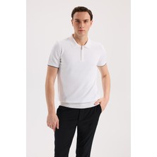 Jakamen Beyaz Slim Fit Triko Fermualı Polo Yaka T-Shirt
