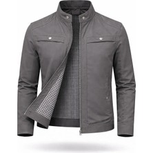 Regos Erkek Gri Göğüs ve Kolları Çıtçıt Detaylı Omuzları Işlemeli Ince Mevsimlik Mont Ceket