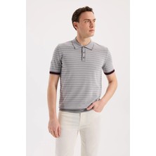 Jakamen Gri Slim Fit Çizgili Rayon Polo Yaka T-Shirt