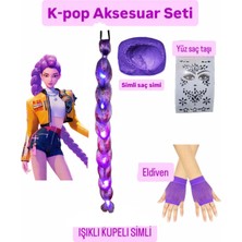 3b Kids kpop rumi seti+mor aksesuar ışıklı örgü peruk saç +mor simli saç tozu+eldiven+yüz ve saç taşı(videolu)