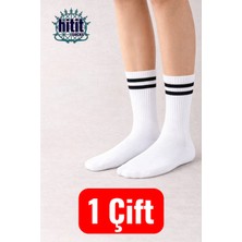 Hitit Socks 1 Çift Ekonomik Yüksek Pamuklu Siyah Çizgili Kolej Çorap Beyaz