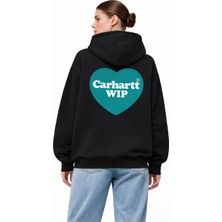 Camblys Unisex Carhart Ön Kalp Sırt Logo Baskılı Oversıze %100 Pamuklu Nefes Alan Sweatshırt Hoodıe