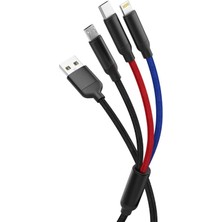 TeknoKapsül Uygun Elektronik Hızlı Şarj ve Data Aktarım Kablosu, 60W - 3A USB A, Type C (Usb C), Micro Usb, Lightning Uyumlu 3 Ü 1 Arada Çoklu Kablo