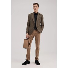 Jakamen Kahve Slim Fit Mono Yaka Kazayağı Desenli Ceket