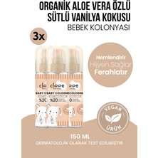 Clooe Vegan Organik Aloe Veralı Hassas Cilt Uyumlu Süt ve Vanilya Kokulu Yapışkanlık Bırakmayan Yatıştırıcı ve Nemlendirici Bebek Kolonyası 3'lü Set 150 ml