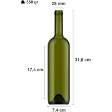 TeknoKapsül 750 ml Yeşil Şarap Şişesi Sentetik Mantar Tıpalı ve Kapüşonlu Boş Çukur Cam Şişe 1 Adet