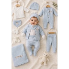 Ozz Baby Unısex Battaniye Tulum Altüst Takım 10'lu Yeni Doğan Hastane Çıkış Zıbın Seti Köpekcikler Desenli Kendinden Armürlü Dokulu 100% Pamuklu Penye