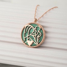 Else Silver 925 Ayar Gümüş Yeşil Sedef Taşlı Bir Kalpte Iki Can Kolyesi - Rose Kaplama
