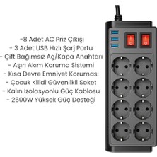 TeknoKapsül 8 Prizli Çoklu Priz – 3 USB Hızlı Şarj Portu, Çift Anahtarlı Güvenli Kontrol, Aşırı Akım & Kısa Devre Koruma, 4000W Güç Destekli Çoklu Uzatma Prizi