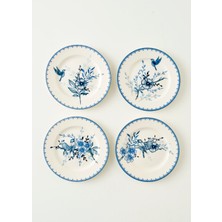 Bella Maison 4'lü Mavi Porselen Pasta Tabağı 21 cm Zarif Çiçek ve Kuş Deseni