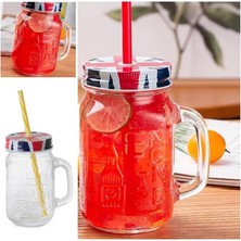 TeknoKapsül 2 Adet Pipetli Kapaklı Cam Kupa England Kupa Bardak 490 ml