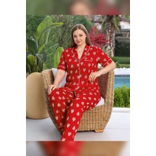 Aydoğan Kadın Didar Büyük Beden Önü Düğmeli Kırmızı Pijama Takımı 0165