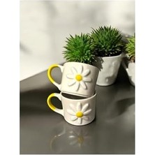 TeknoKapsül 2 Li El Yapımı Papatya Model Kabartmalı Seramik Kupa