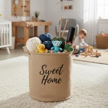 TeknoKapsül " " Yuvarlak Jüt Düzenleyici Sepet (Çap 32CM, Yükseklik 36CM) – Krem Renk Katlanabilir Kumaş Kulplu Organizer | Büyük Boy Oyuncak, Çamaşır, Battaniye ve Ev Tekstili Sepeti