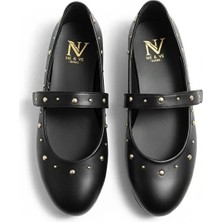 Ne&Ve Shoes Siyah Deri Pim Detaylı Yuvarlak Burunlu Bantlı Kadın Günlük Babet