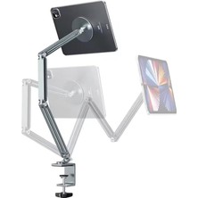 TeknoKapsül Sınıfının En Profesyoneli ve En Güçlüsü 3 Eklemli Manyetik Tablet ve Telefon Tutucu Masa Kenarına Sıkıştırmalı Güçlü Gövde Yüksekliği Ayarlanabilir Alüminyum Stand Silver C67