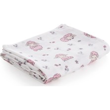 Caline Baby Pembe Kuzu Desenli Müslin Bezi Örtü %100 Pamuk 120x120 cm + 4 Ağız Mendili