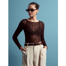 Dilvin 32764 Kayık Yaka Dantel Top-Koyu Kahve