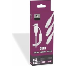 TeknoKapsül Yetty 3 In 1 2.1A Micro Lightning ile Uyumlu Type-C 1.2m Şarj Kablosu Beyaz Ykb-10