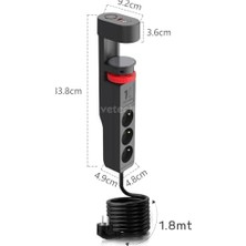 TeknoKapsül Akım Korumalı Priz Masa Kenarı Ayarlanabilir 3 Priz + 2 USB + 1 Type C Girişli Priz
