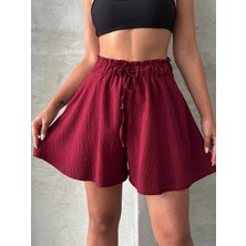 Volanlı Keten Şort Bordo S255058