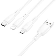 TeknoKapsül 3in1 USB 17 ile Uyumlu Şarj Kablosu – Type-C, Lightning, Micro Usb, 1 Metre, 2A Hızlı Şarj, Pvc Kaplama, Çoklu Cihaz Uyumlu, Dayanıklı Tasarım | BX71 Beyaz Renk