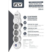 TeknoKapsül Fly Fly 3393 Termal Akım Korumalı, Çocuk Korumalı, 2 x Usb, 2mt Uzatma Kablosu 3'lü Priz, Beyaz