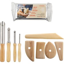TeknoKapsül Renovon Ahşap ve Ahşap Saplı 9 Adet Seramik ve Doğal Kil Hamuru Delik Açma Oyma Şekil Verme El Alet Seti Heykeltrajlar Için Kil Hamuru Şekillendirme El Aleti Seti (Beyaz Kil)