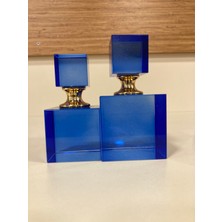 Dekoratif Kristal 2'li Kare Model Şişe Renk Mavi Altın Yükseklik 10 ve 8 cm