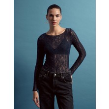 Dilvin 32764 Kayık Yaka Dantel Top-Indigo