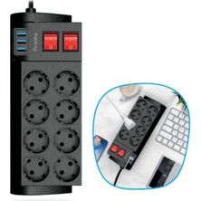 TeknoKapsül Dayanıklı Termal Akım Korumalı 2 Metre 16A 4000W 8li Priz ve 3 USB Li Uzatma Kablosu