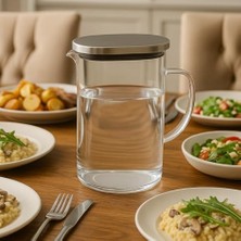 TeknoKapsül 1800 ml Cam Sürahi ve 2’li Bardak Seti – Paslanmaz Çelik Kapaklı Dayanıklı Şeffaf Su, Çay, Meyve Suyu Servis Seti