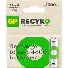 TeknoKapsül Recyko 2600 Aa Kalem Ni-Mh Şarjlı Pil, 1.2 Volt, 4'lü Kart