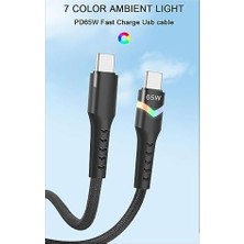TeknoKapsül Nr9 Type-C To Type-C Uyumlu 65W Pd LED Işıklı Kablo Hızlı Şarj Örgü Kablo