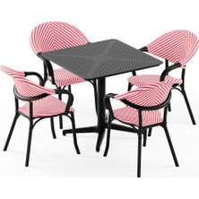 Tilia 4 Kişilik Polipropilen Masa Takımı Siyah, Kırmızı Beyaz File (Moon Katlanır Masa 80X80 cm + Flash-N Kollu Sandalye)