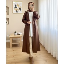 Modamorfo Tünel Bağcıklı Kapşonlu Uzun Deri Kap   -Taba