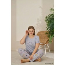Pijamoni Kadın Büyük Beden Polyviskon Kumaş Gri Pijama Takımı