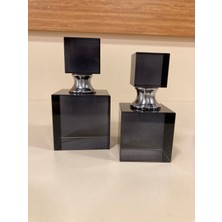 Dekoratif Kristal 2'li Şişe Obje Kare Model Renk Koyu Füme Yükseklik 10 ve 8 cm