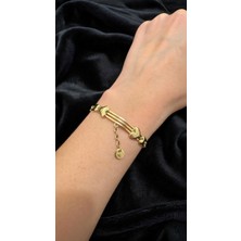 Altın Rekli Kalp Detaylı Ince Bileklik