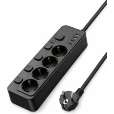 Bontec Akım Korumalı Priz, 4'lü Priz Soketi, 4x Fiş Soketi, 2x USB Girişi, 2x Type-C Girişi, Isıya Dayanıklı Yapı, 2 Metre Kablo Uzunluğu, Aşırı Gerilim Koruyucu Çoğaltıcı (16A/3680W) (Siyah)