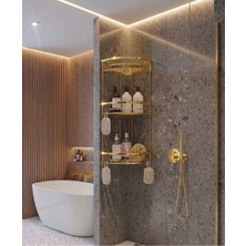 Gold 3'lü Banyo Şampuanlık Gold Banyo Rafı Pirinç Malzeme Paslanmaz Eskitme