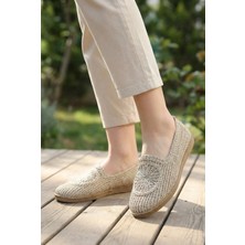 ZOE3tr Kadın Bej Örgü Günlük Rahat Şık Yazlık Düz Taban Babet Ayakkabı