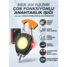 Qasul Çok Fonksiyonlu Anahtarlık Işığı – Güçlü Led, Acil Durum Kiti ve Şarjlı Tasarım Fener + Düdük + Çakmak+ Açacak+ +Tornavida