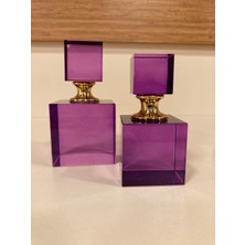 Plus Home Dekoratif Kristal 2'li Şişe Obje Kare Model Renk Mor Altın Yükseklik 10 ve 8 cm