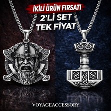 Ikili Set Paslanmaz Çelik Viking Savaşçı ve Mjolnir Thor Çekici Viking Kolye