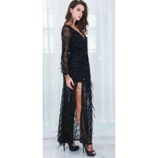 Hanife Glam Couture Hanife Glam Hilaltrend Uzun Kol Saçaklı Payet Abiye Elbise