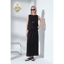 Maule %100 Keten Beli Lastikli ve Bağcıklı Rahat Kalıp Dokuma Kadın Maksi Etek @burgaz