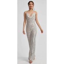 Hanife Glam Degaje Yaka Gümüş Payet Işlemeli Tulum